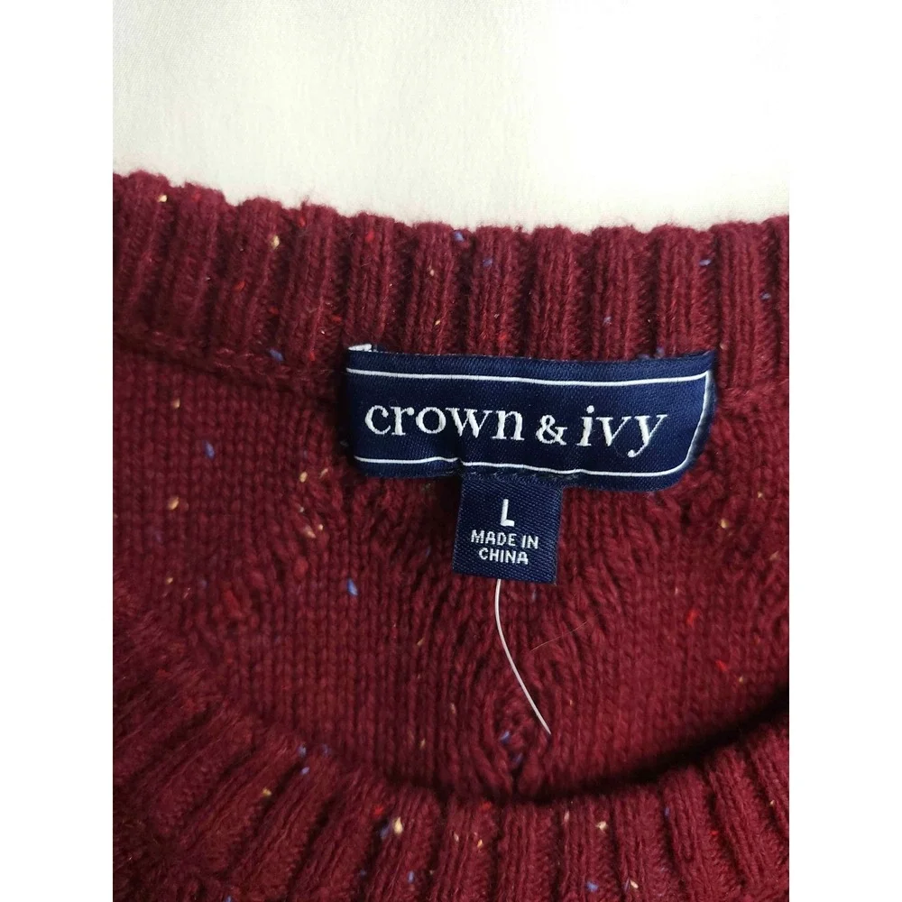 Crown & Ivy Sweater Womens Large Red Speckled Diamond Cable Knit Pullover Crew
